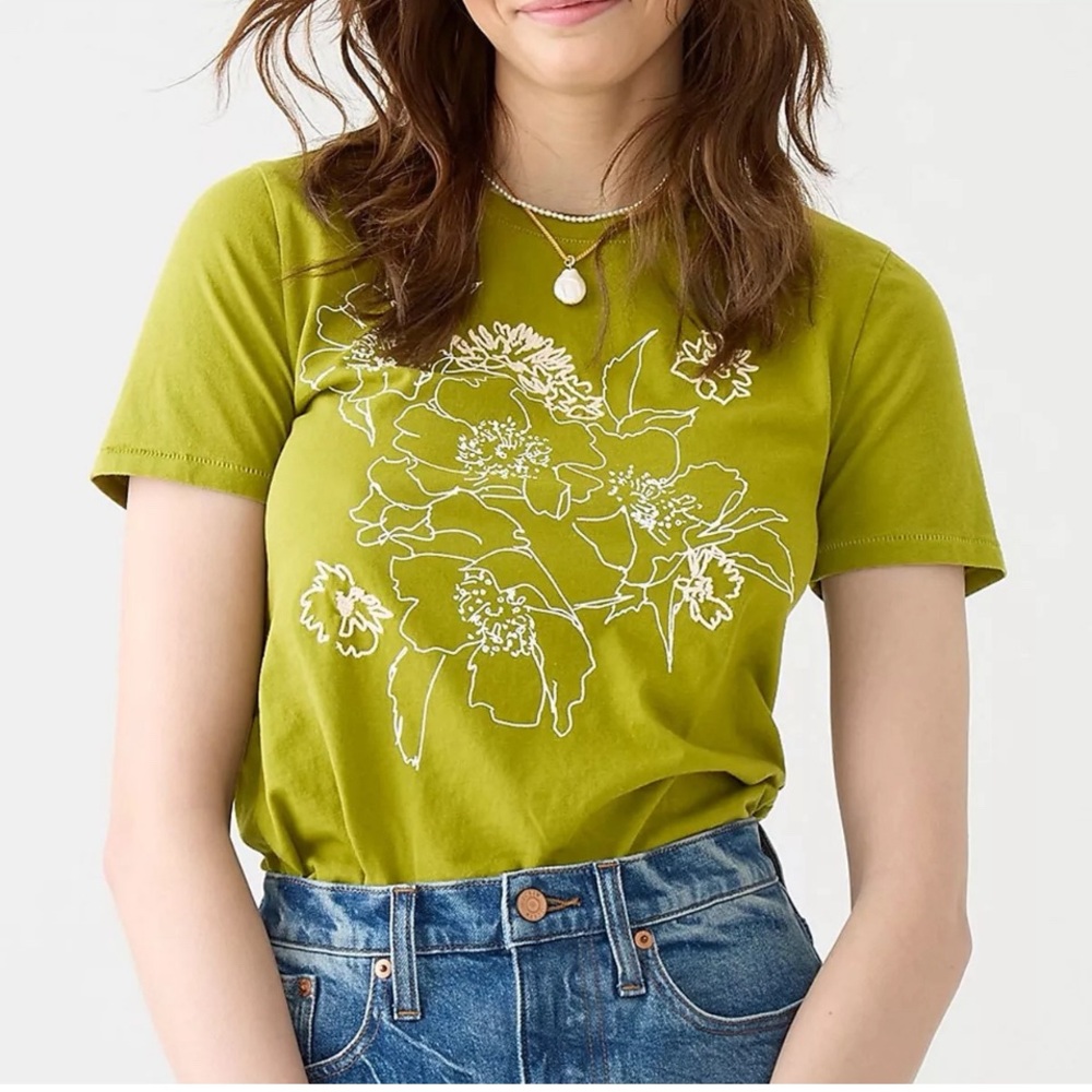 J.Crew Embroidered Floral Tee style BH439 in moss green sz M EUC